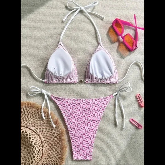 Pink & White, Knit Lined, Bikini Set - Picture 2 of 7